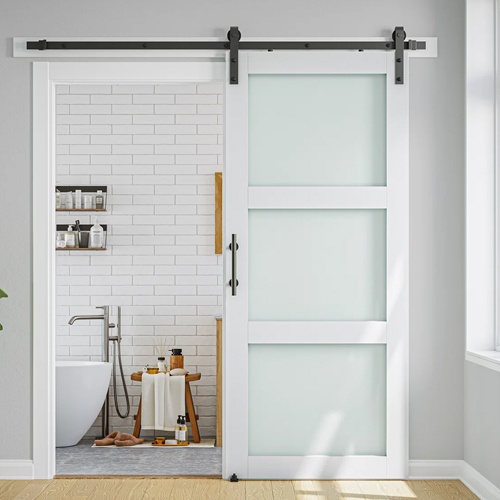 3-Lite Frosted Glass and Wood Paneled Barn Door with Installation Hardware Kit