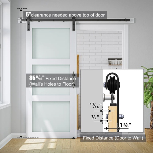 3-Lite Frosted Glass and Wood Paneled Barn Door with Installation Hardware Kit