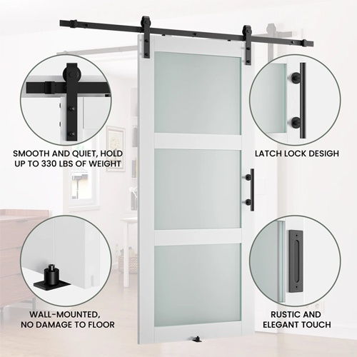 3-Lite Frosted Glass and Wood Paneled Barn Door with Installation Hardware Kit