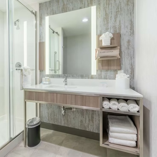 Bath Vanities with Wall Wood Panel and Shelf in Hilton Garden Inn