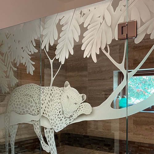 Bathroom frosted shower door with bespoke etching design