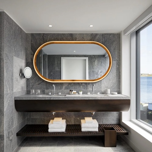 Bespoke vanity wall mirror for open concept bathroom design