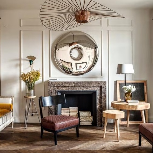 Brown marble accentuates this fireplace