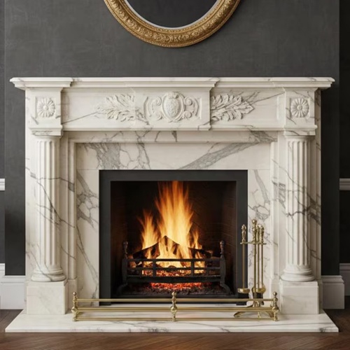 Classic European Carved Stone Surround Handcrafted Marble Fireplace Mantel