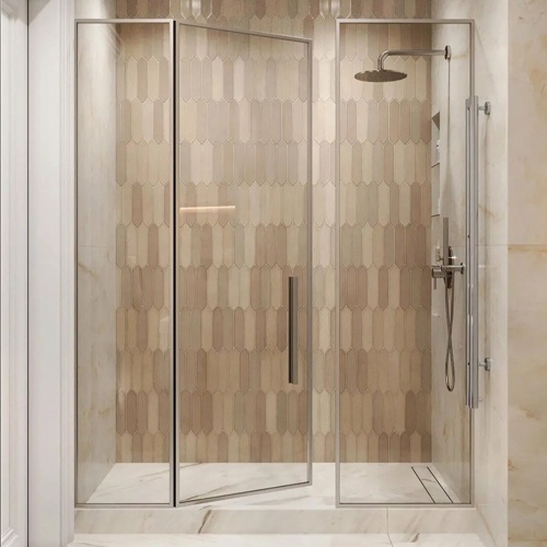 Framed Glass Shower Partition and Marble Mosaic Tiles