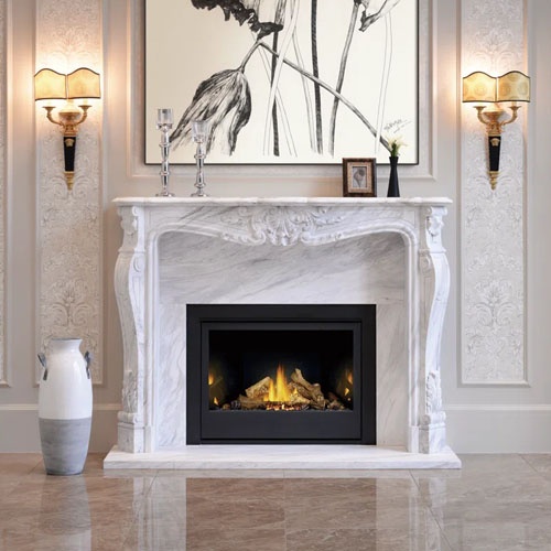 French fireplace mantel with intricate patterns on jamb and frieze