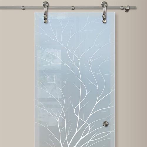 Frosted Glass Barn Door with Intricate Etched Graphic Design