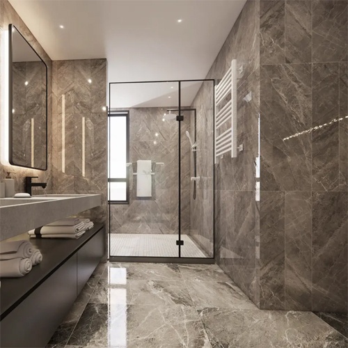 Glass Shower Partition and Marble Tiles