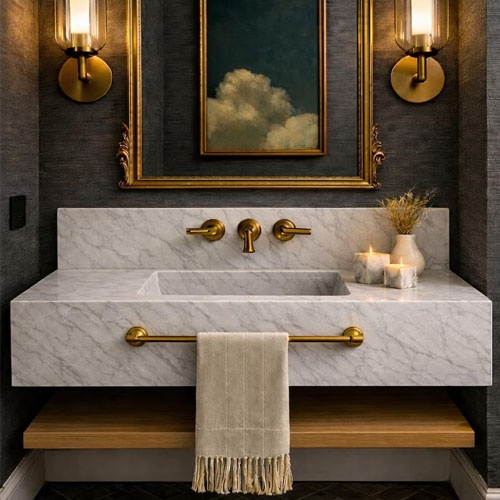 Hand carved Carrara marble floating vanity and wooden shelf