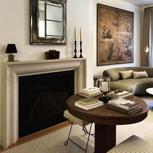 Limestone fireplace surround Becky Garrity Interiors