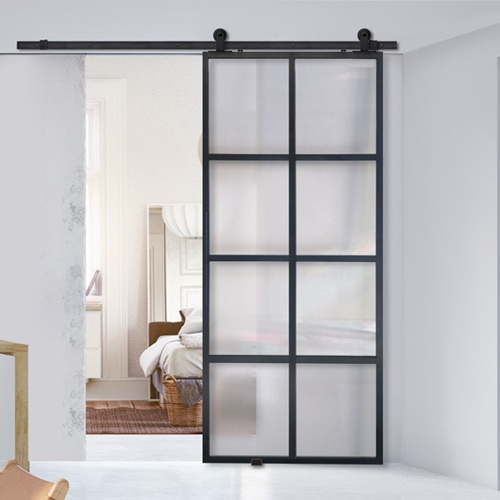 Modern french 8 lite barn door with cloud glass panel