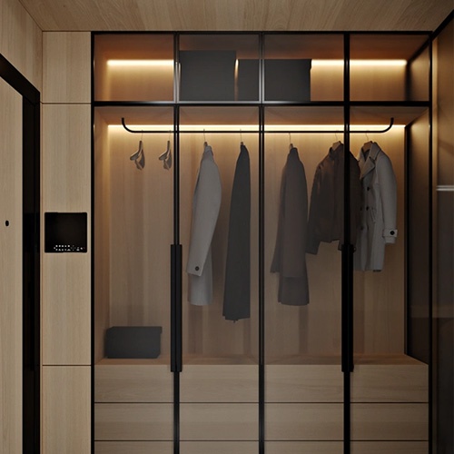 Modern wood wardrobe with aluminum trimmed glass door