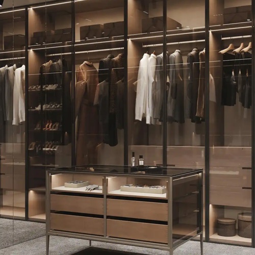 Modern wood wardrobe with aluminum trimmed glass door