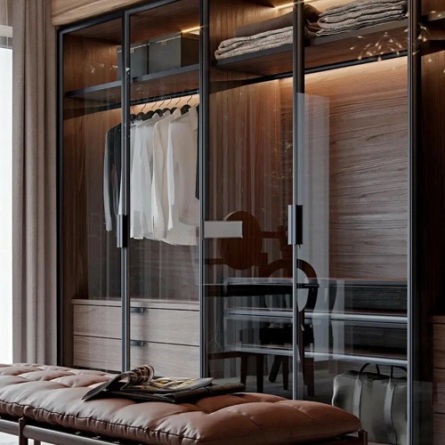 Modern wood wardrobe with aluminum trimmed glass door