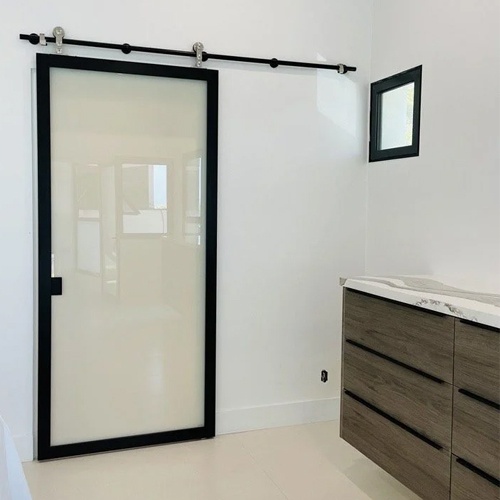 Wall sliding interior sliding barn door with frosted glass panel