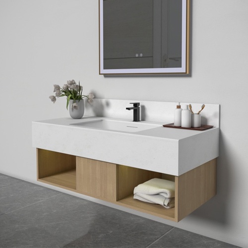 floating bath vanity with artificial stone top and wood towel cubbies