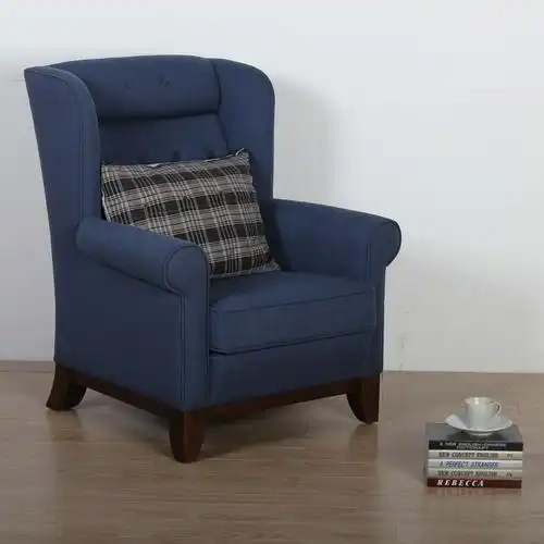 Wingback lounge sofa with fabric upholstery and attachable solid wood base