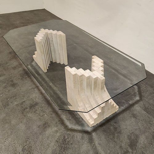 italian style travertine table base and glass top