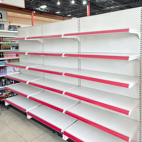 metal and laminate display shelf in grocery store