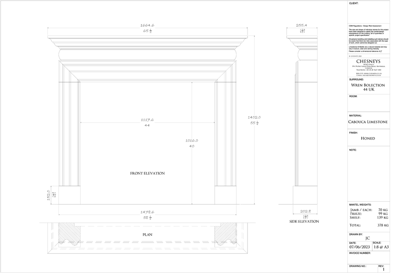 Clandon limestone fireplace mantel line drawing