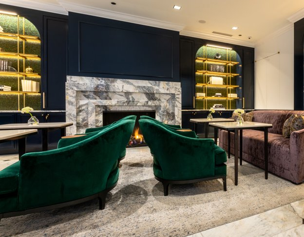 marble fireplace mantel in hotel public area
