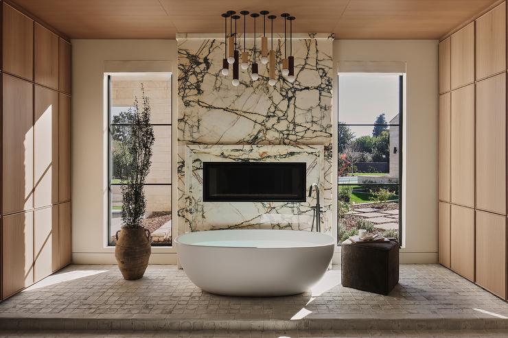 marble fireplace in bathroom