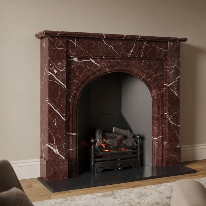 Italian Rosso Levanto marble arched fireplace mantel