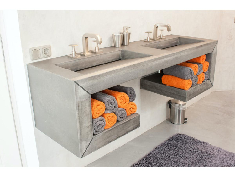 concrete bathroom vanity with towel storage shelves