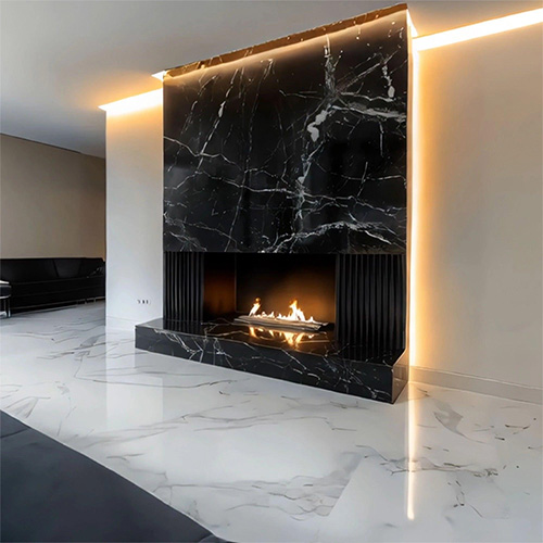 modern black marble fireplace