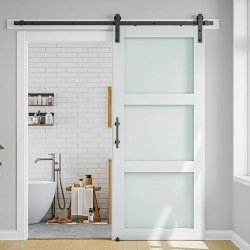 3-Lite Frosted Glass and Wood Paneled Barn Door with Installation Hardware Kit
