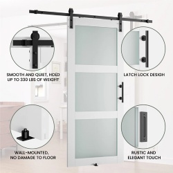 3-Lite Frosted Glass and Wood Paneled Barn Door with Installation Hardware Kit