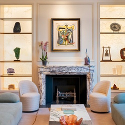 Architectural marble fireplace mantel for open plan living room