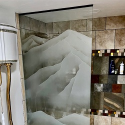 Bathroom frosted shower door with bespoke etching design