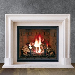 Beige limestone fireplace mantel with geometric lines design