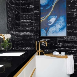 Black marble bathroom for boutique hotel in Silver Dragon marble