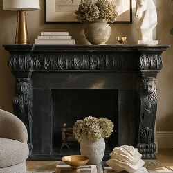 Black marble fireplace mantel Neoclassical style with lion statue