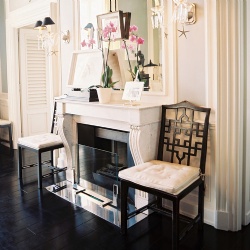 Blue & black chinoiserie living room design with stone fireplace