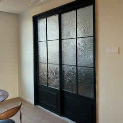 Bypass sliding vintage taste aluminum door with oceanic pattern textured glass panel