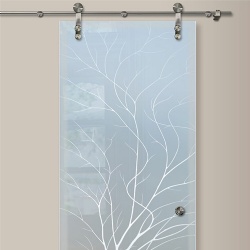 Frosted Glass Barn Door with Intricate Etched Graphic Design