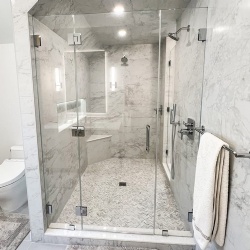 Inline clear tempered glass shower hinged door and partition