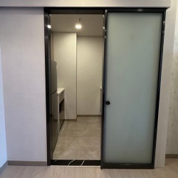 Interior frosted glass door with stainless steel frame and jamb