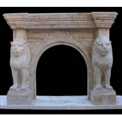 Italian neo classical lion mantle in beige travertine stone