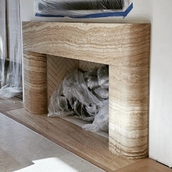 Modern fireplace surround vein cut travertine