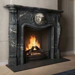 Ornate Black Marquina Marble Fireplace Mantel with Specicial Motif