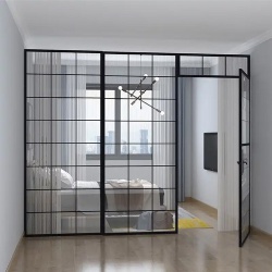 Steel framed glass wall divider with swing door