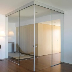 Telescopic sliding glass door with synchronized movement