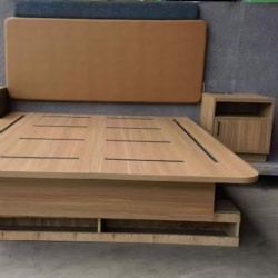 Upholstered headboard bed platform and nightstand for hotel guestroom
