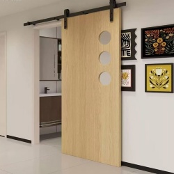 Wall Mounted Flush Wood Barn Door with Round Vision Lite