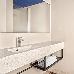 custom solid surface bath vanity with integrated sink