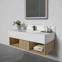 floating bath vanity with artificial stone top and wood towel cubbies